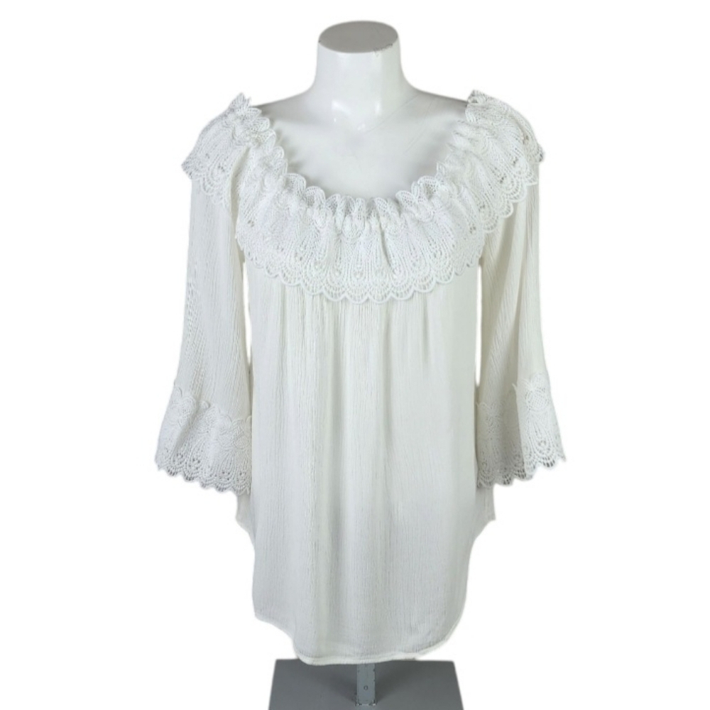 cream Bea Lace Collar and Cuff Feminine Blouse Off White Size 38/Small/Med - Picture 3 of 16